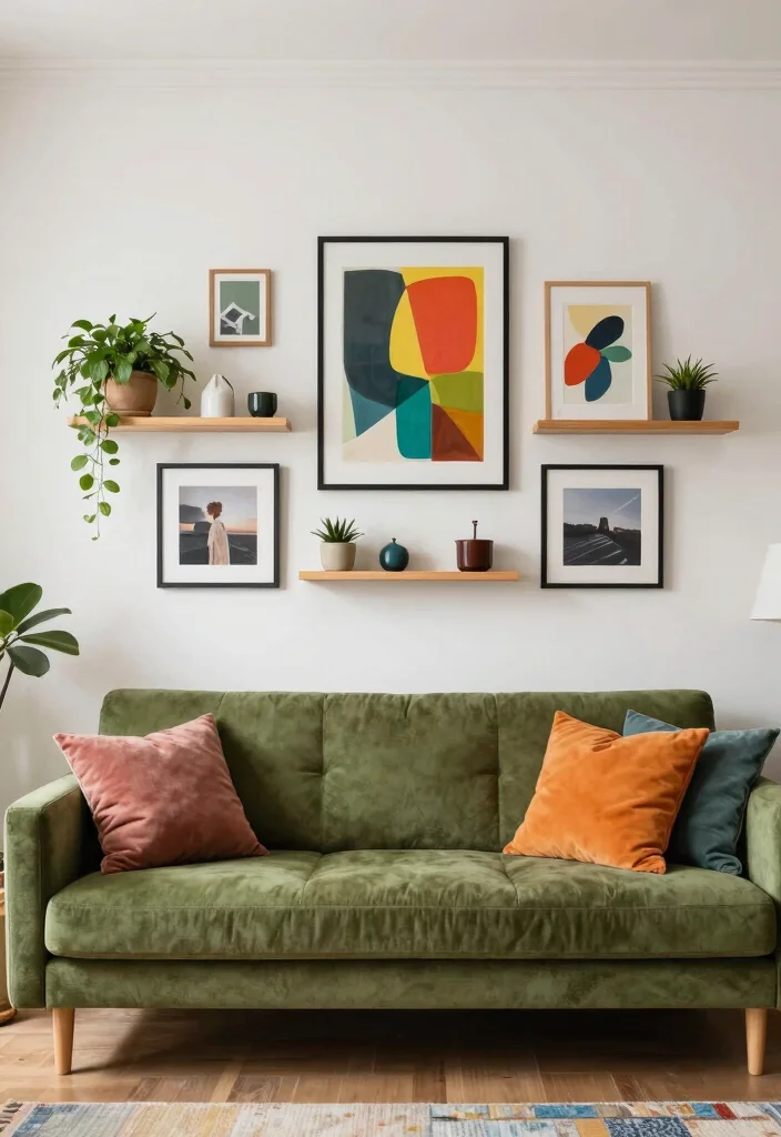 16 Olive Green Sofa Living Room Ideas Calm Earthy Elegance - 5. Eclectic Gallery Wall 1