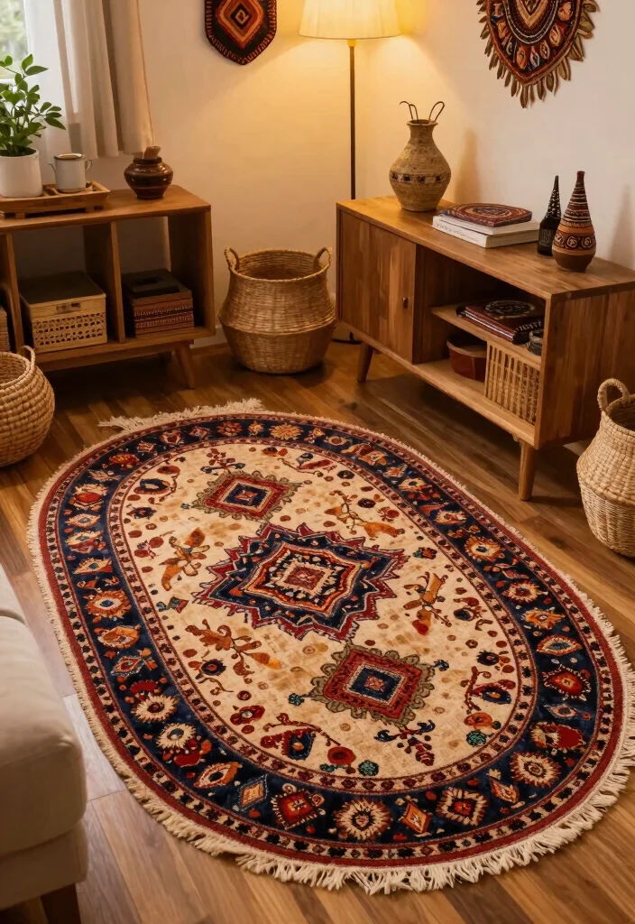 16 Oval Rugs Living Room Ideas: Soft Flowing Shapes - 13. Artisanal Touch 1