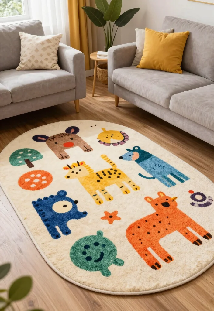 16 Oval Rugs Living Room Ideas: Soft Flowing Shapes - 14. Whimsical Icons and Motifs 1