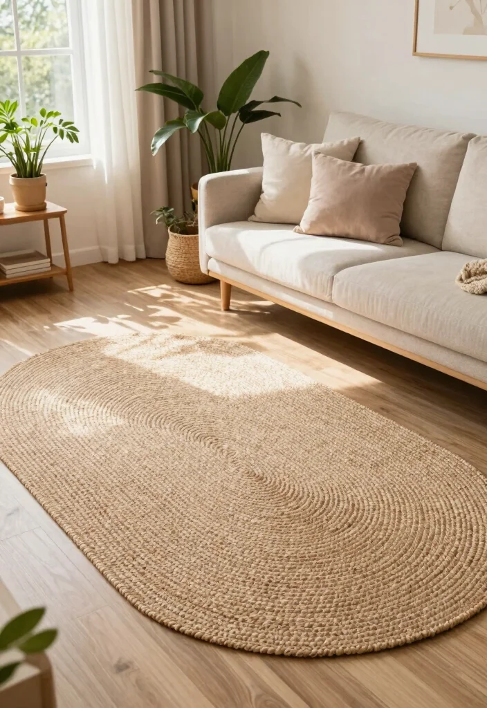 16 Oval Rugs Living Room Ideas: Soft Flowing Shapes - 3. Natural Fiber Beauty 1