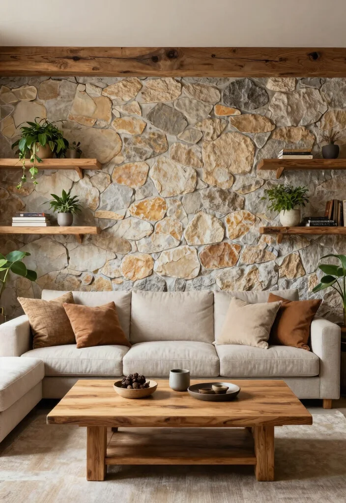 16 Stone Wall Living Room Ideas for Natural Texture and Warmth - 10. Natural Stone Texture Mixed with Wood 1