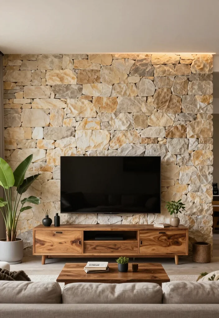 16 Stone Wall Living Room Ideas for Natural Texture and Warmth - 11. Stone Wall as a TV Focal Point 1