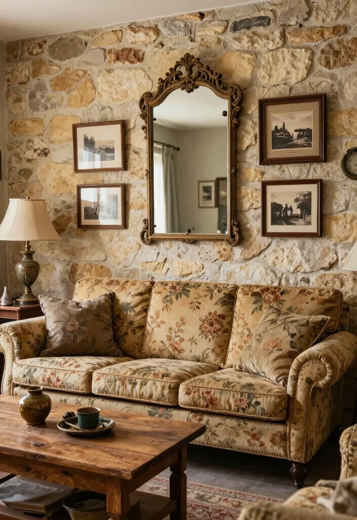 16 Stone Wall Living Room Ideas for Natural Texture and Warmth - 12. Stone Wall with Vintage Decor 1