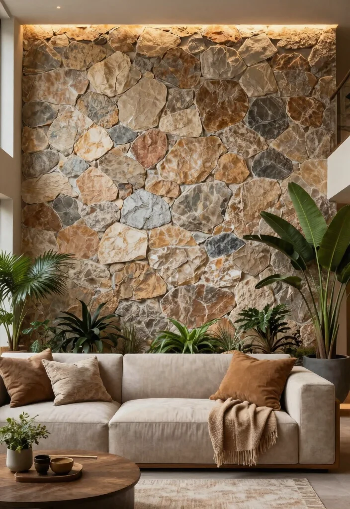 16 Stone Wall Living Room Ideas for Natural Texture and Warmth - 14. Outdoor Stone Walls for Indoor Use 1
