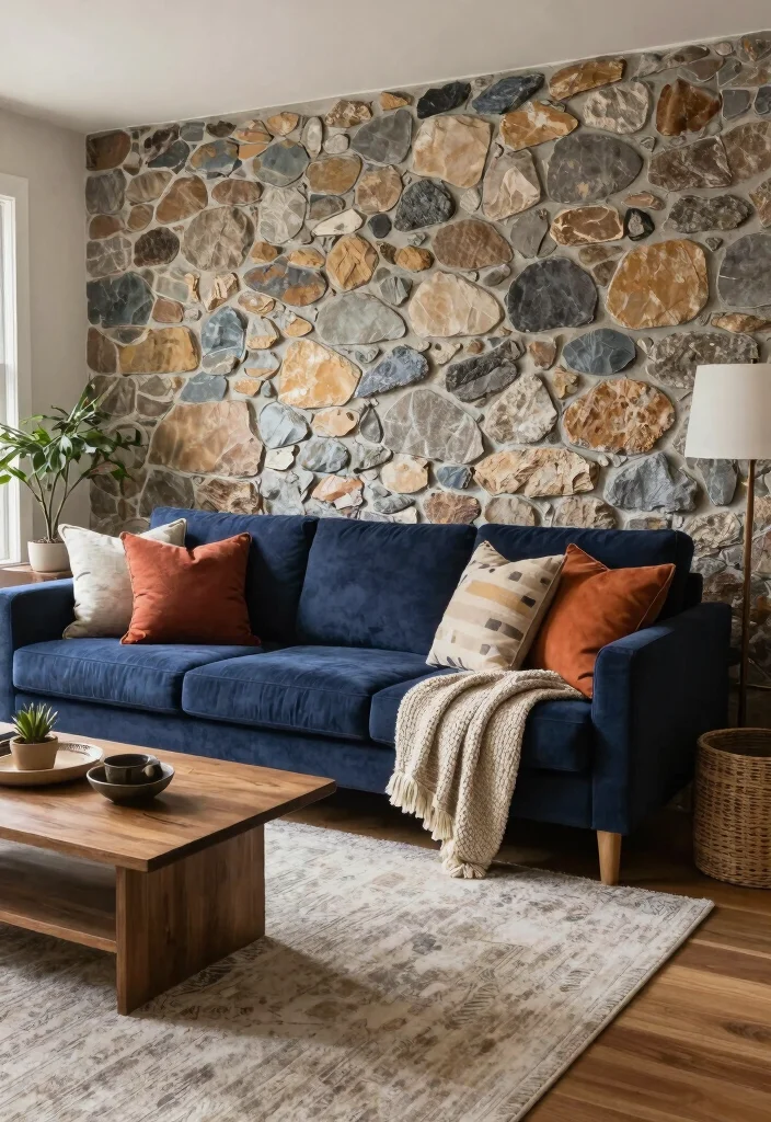 16 Stone Wall Living Room Ideas for Natural Texture and Warmth - 15. Layering Textures with Stone and Fabrics 1