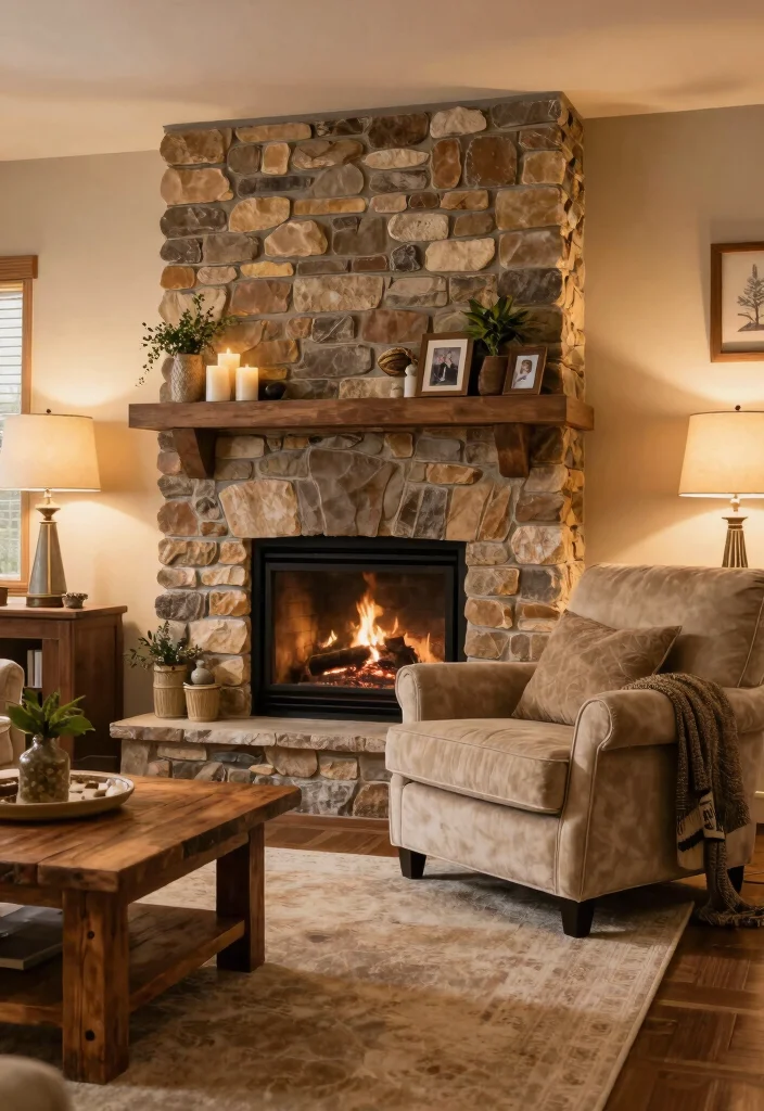 16 Stone Wall Living Room Ideas for Natural Texture and Warmth - 2. Cozy Fireplaces with Stone Surrounds 1