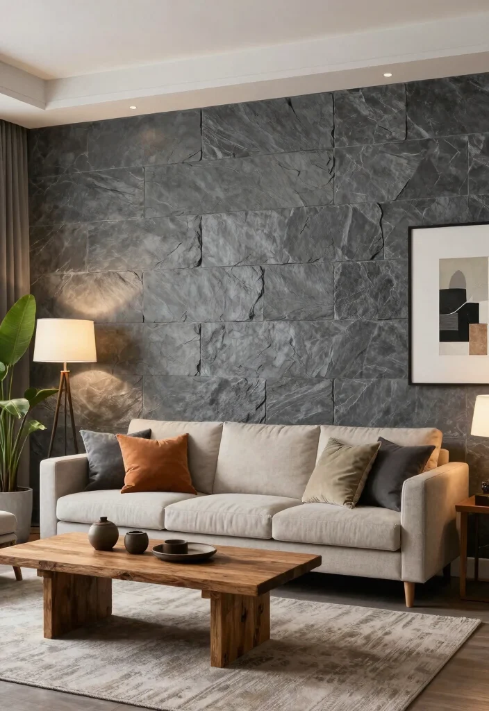 16 Stone Wall Living Room Ideas for Natural Texture and Warmth - 3. Dramatic Slate Accent Walls 1