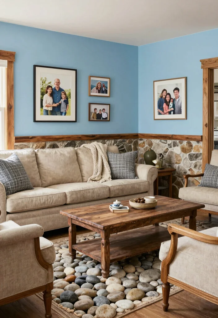 16 Stone Wall Living Room Ideas for Natural Texture and Warmth - 4. Rustic Wainscoting with Stone Lower Half 1