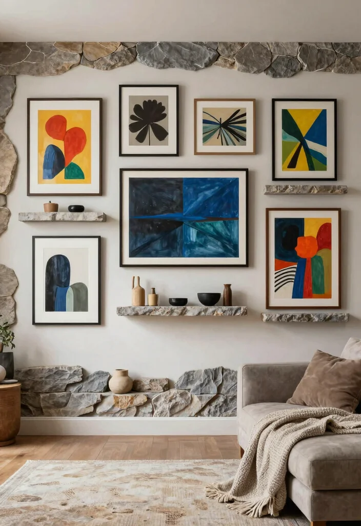 16 Stone Wall Living Room Ideas for Natural Texture and Warmth - 7. Stone-Infused Gallery Wall 1
