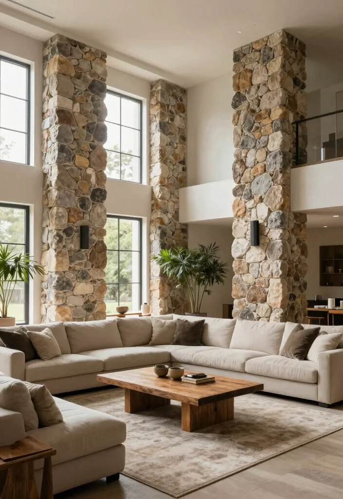 16 Stone Wall Living Room Ideas for Natural Texture and Warmth - 8. Statement Stone Pillars 1