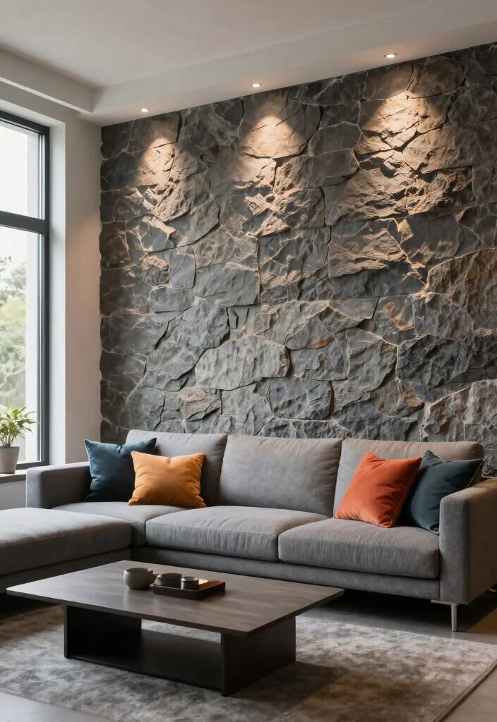 16 Stone Wall Living Room Ideas for Natural Texture and Warmth - 9. Stone Wall with Integrated Lighting 1