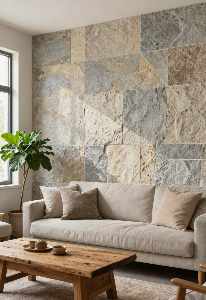 16 Wall Tiles Design for Living Room Ideas Stylish and Durable - 1. Textured Stone Tiles for a Rustic Feel 1