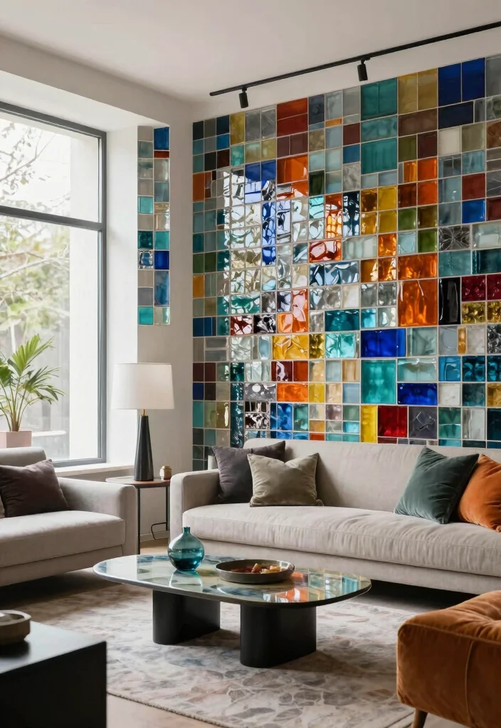 16 Wall Tiles Design for Living Room Ideas Stylish and Durable - 2. Recycled Glass Tiles for a Modern Touch 1