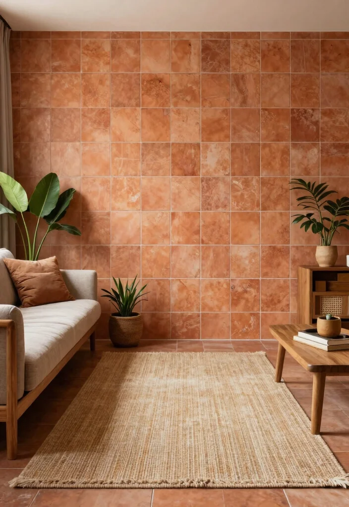 16 Wall Tiles Design for Living Room Ideas Stylish and Durable - 3. Earthy Terracotta Tiles for Warmth 1