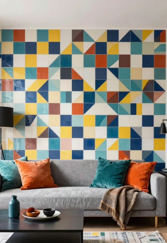 16 Wall Tiles Design for Living Room Ideas Stylish and Durable - 5. Geometric Tiles for a Trendy Vibe 1