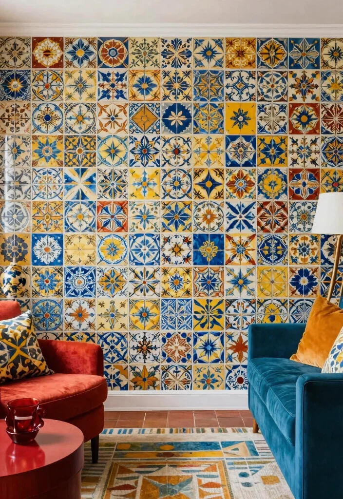 16 Wall Tiles Design for Living Room Ideas Stylish and Durable - 7. Bold Patterned Tiles for a Splash of Color 1
