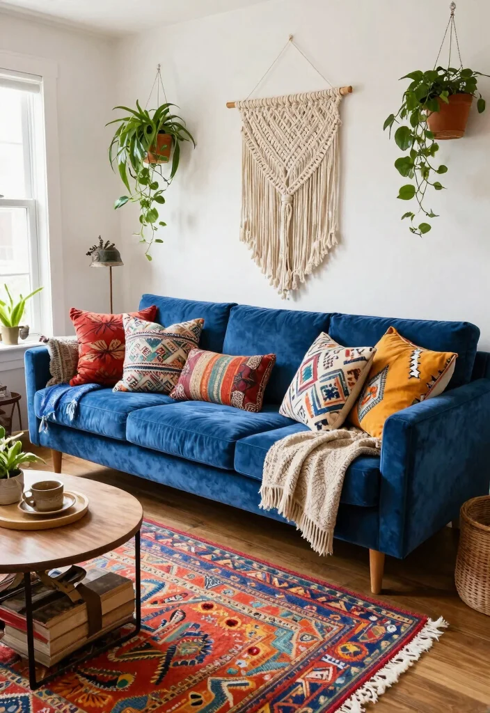 17 Blue Velvet Sofa Living Room Ideas: Bold Elegant Statements - 10. Bohemian Bliss 1