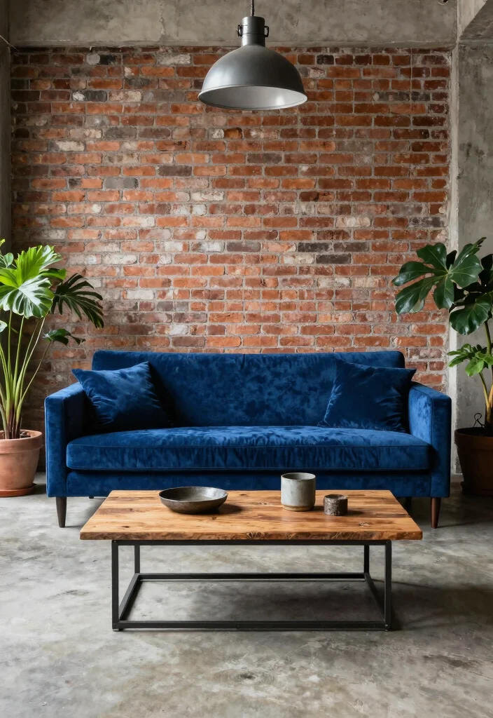 17 Blue Velvet Sofa Living Room Ideas: Bold Elegant Statements - 11. Industrial Edge 1