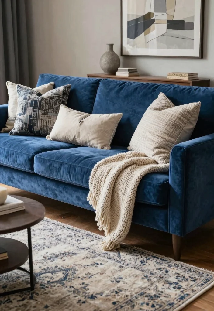 17 Blue Velvet Sofa Living Room Ideas: Bold Elegant Statements - 14. Layered Textures 1
