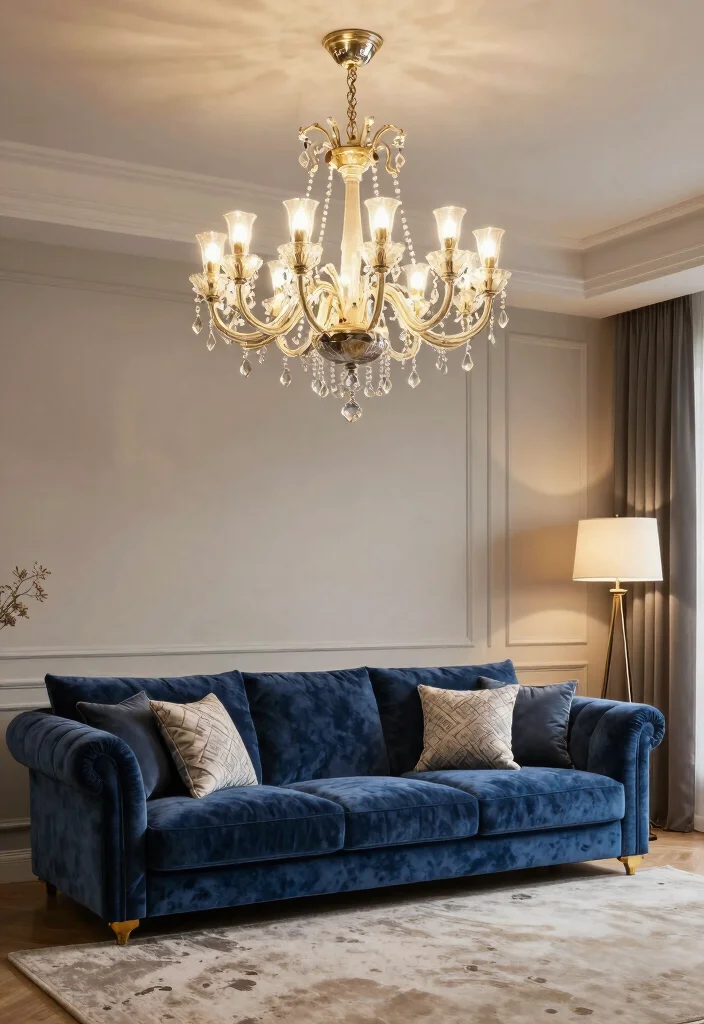 17 Blue Velvet Sofa Living Room Ideas: Bold Elegant Statements - 15. Statement Lighting 1