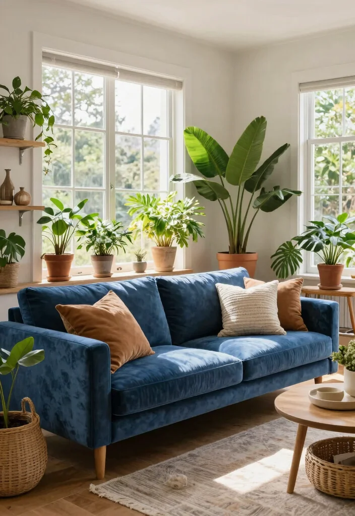 17 Blue Velvet Sofa Living Room Ideas: Bold Elegant Statements - 16. Outdoor-Inspired Decor 1