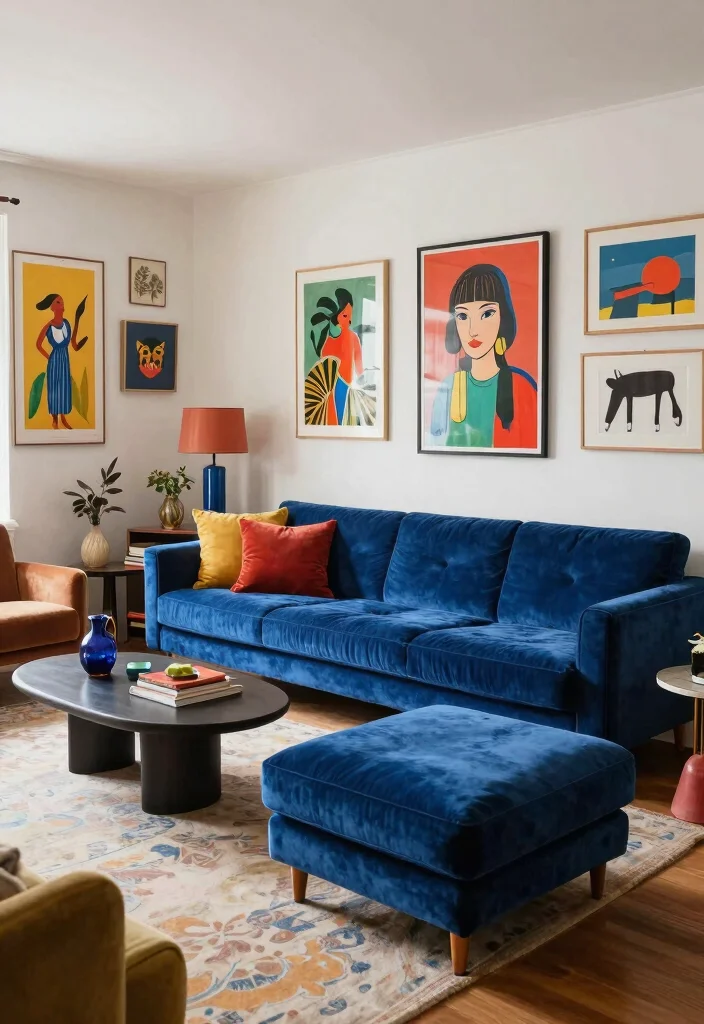 17 Blue Velvet Sofa Living Room Ideas: Bold Elegant Statements - 17. Artistic Arrangement 1