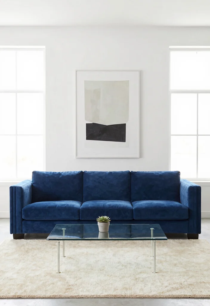 17 Blue Velvet Sofa Living Room Ideas: Bold Elegant Statements - 3. Minimalist Chic 1