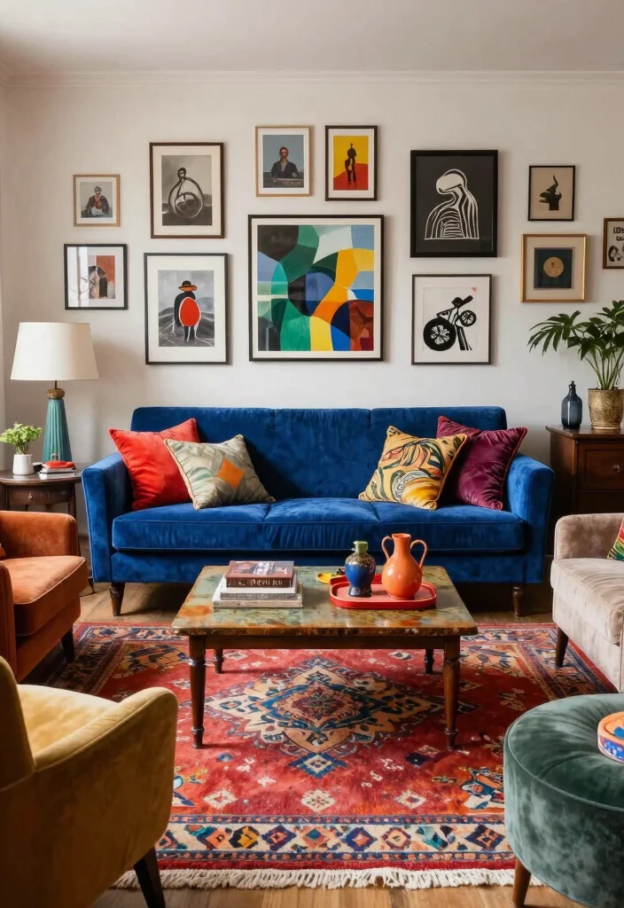 17 Blue Velvet Sofa Living Room Ideas: Bold Elegant Statements - 4. Eclectic Mix 1