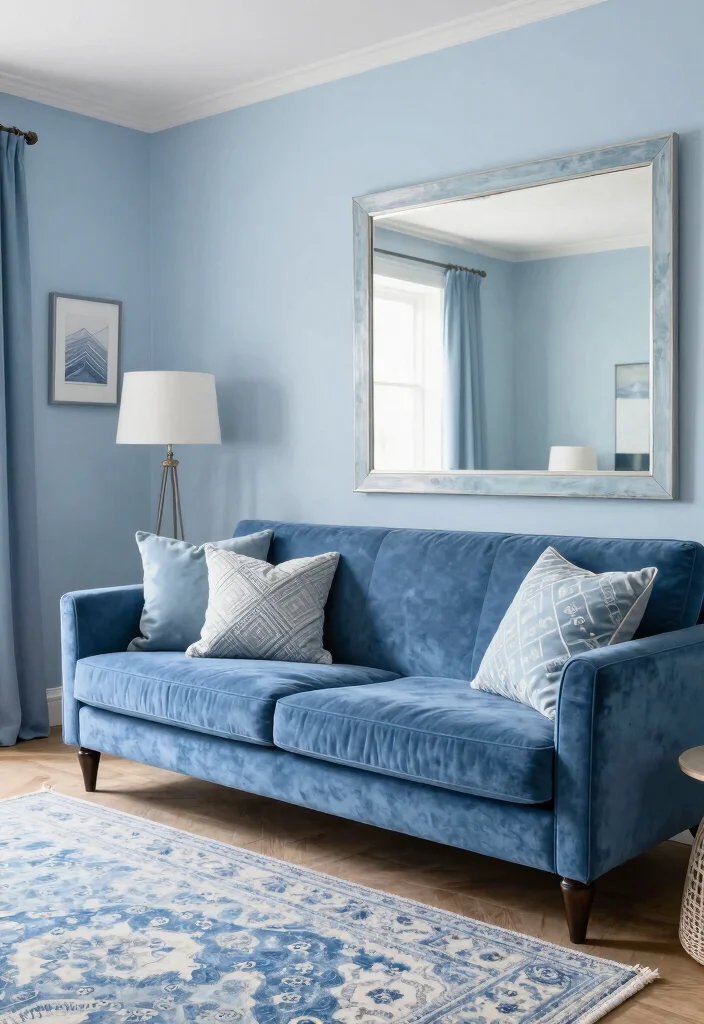 17 Blue Velvet Sofa Living Room Ideas: Bold Elegant Statements - 5. Monochromatic Magic 1