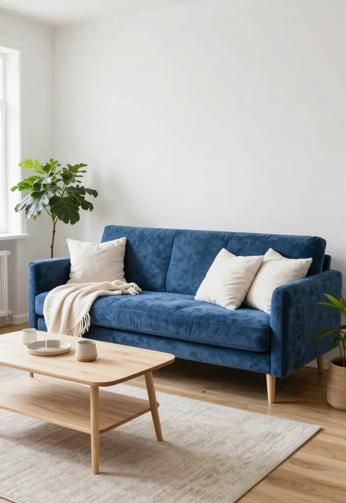17 Blue Velvet Sofa Living Room Ideas: Bold Elegant Statements - 7. Scandinavian Style 1