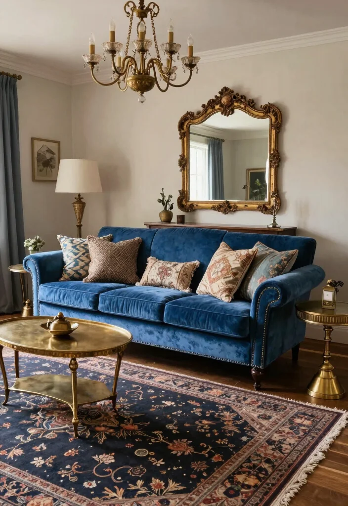 17 Blue Velvet Sofa Living Room Ideas: Bold Elegant Statements - 8. Vintage Glamour 1