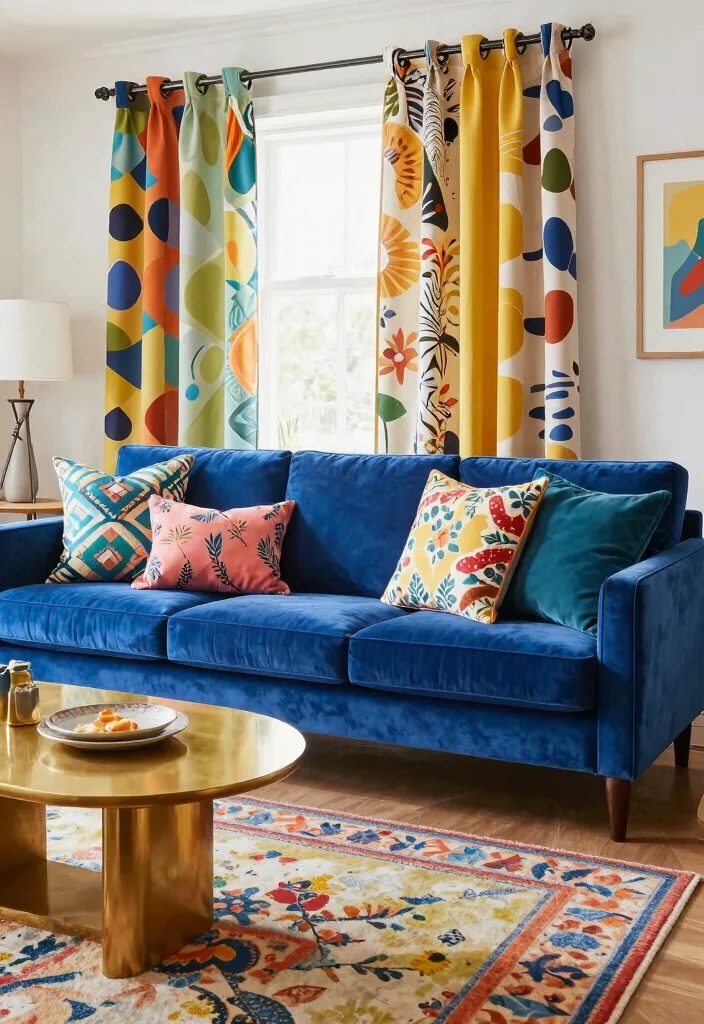 17 Blue Velvet Sofa Living Room Ideas: Bold Elegant Statements - 9. Playful Patterns 1