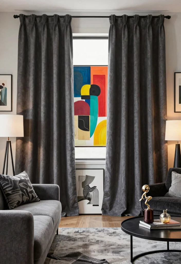17 Dark Grey Curtains Living Room Ideas Modern and Sophisticated - 15. Artistic Touch 1