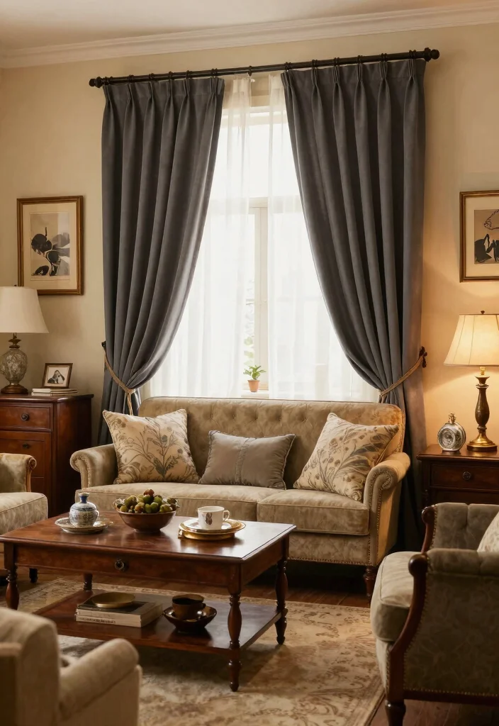 17 Dark Grey Curtains Living Room Ideas Modern and Sophisticated - 16. Vintage Vibes 1