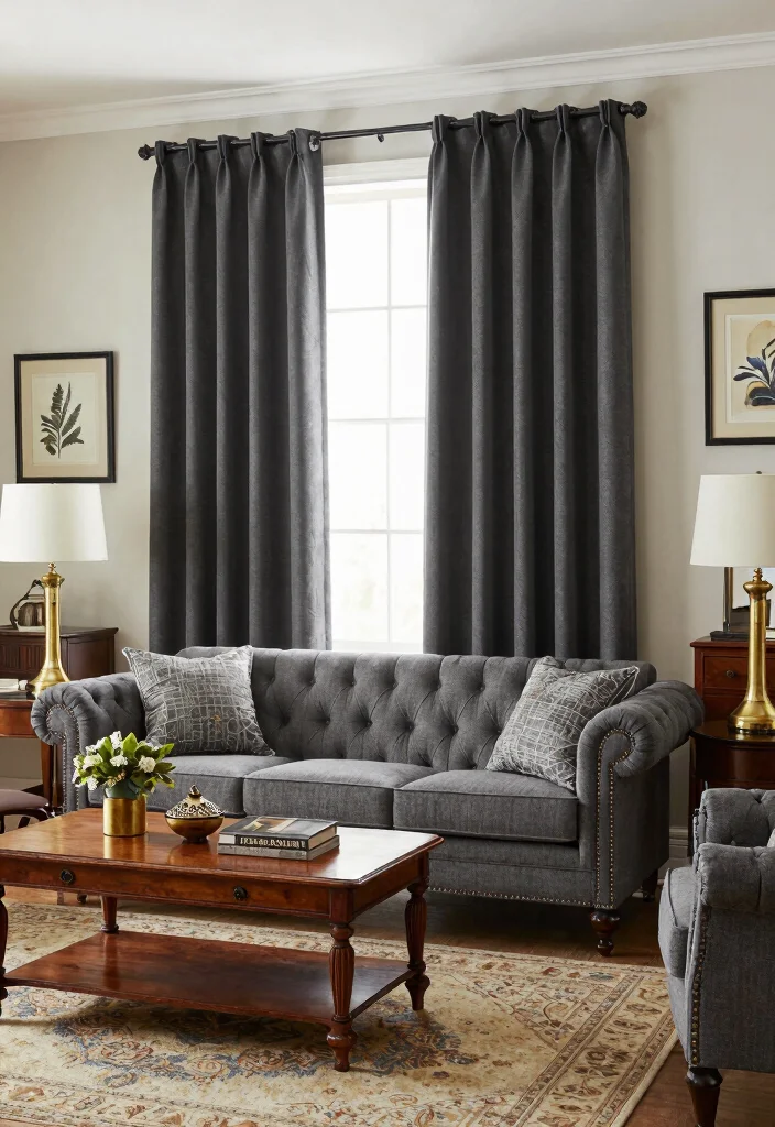 17 Dark Grey Curtains Living Room Ideas Modern and Sophisticated - 7. Classic Style with a Twist 1