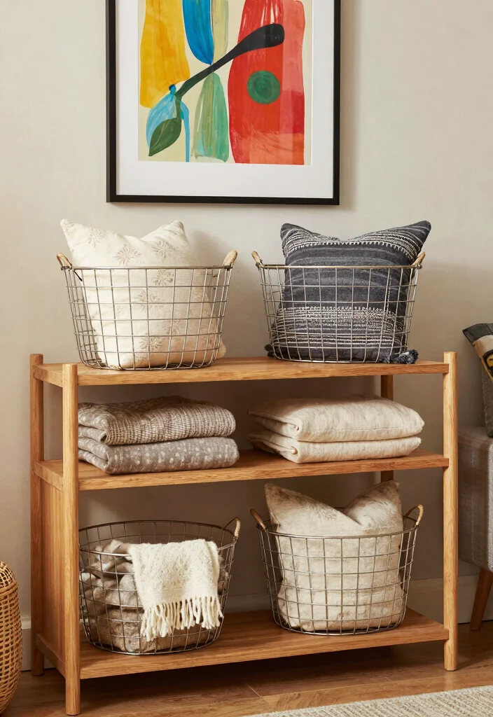 17 Living Room Wall Storage Ideas: Smart Space Saving Designs - 11. Wire Baskets: Rustic Charm and Functionality 1