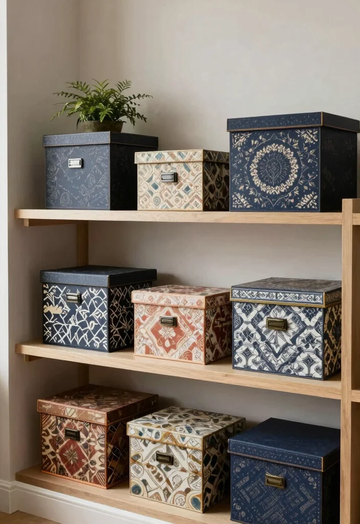 17 Living Room Wall Storage Ideas: Smart Space Saving Designs - 13. Artful Storage Boxes: Chic Organization 1