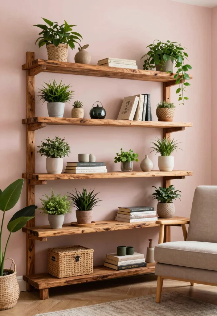 17 Living Room Wall Storage Ideas: Smart Space Saving Designs - 17. Reclaimed Wood Shelves: Eco-Friendly Elegance 1