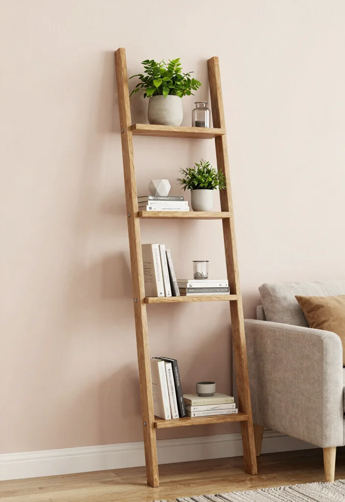 17 Living Room Wall Storage Ideas: Smart Space Saving Designs - 7. Ladder Shelves: Upwardly Mobile Storage 1