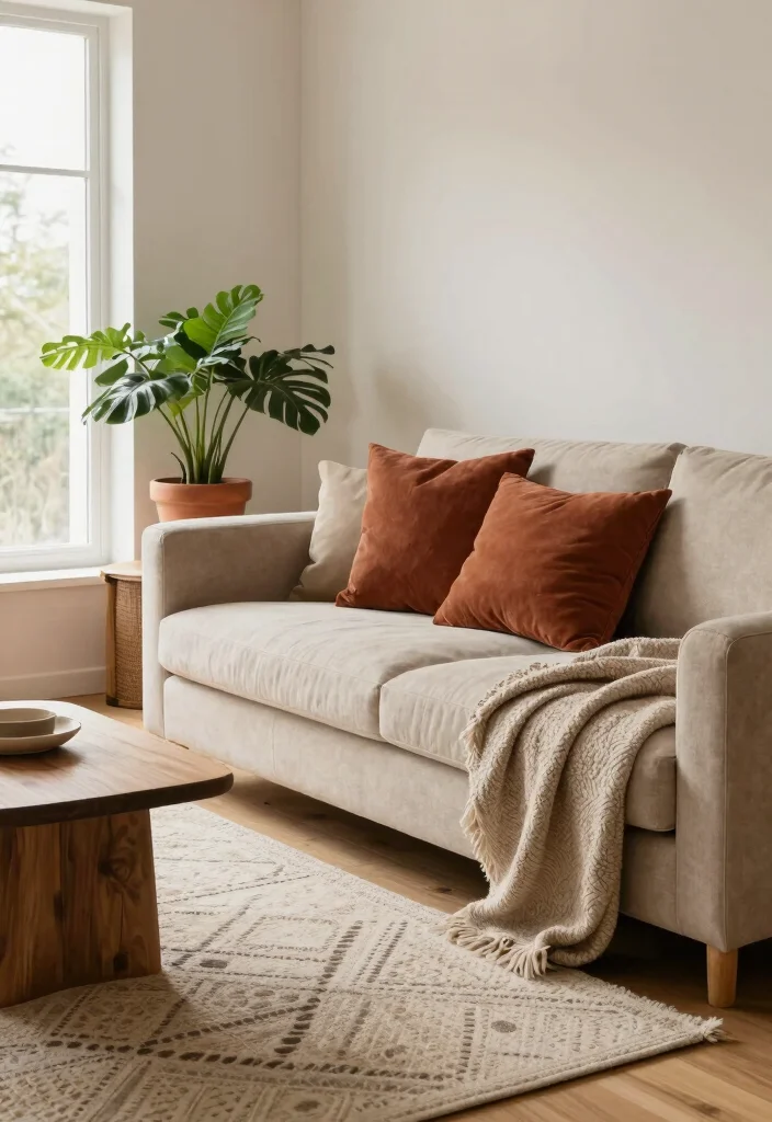17 Living Room With Beige Couch Ideas: Warm Timeless Looks - 1. Minimalist Blend with Earthy Accents 1