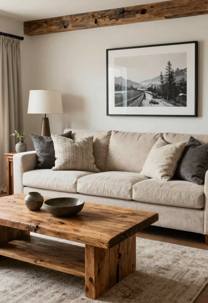 17 Living Room With Beige Couch Ideas: Warm Timeless Looks - 11. Rustic Charm with Modern Touch 1