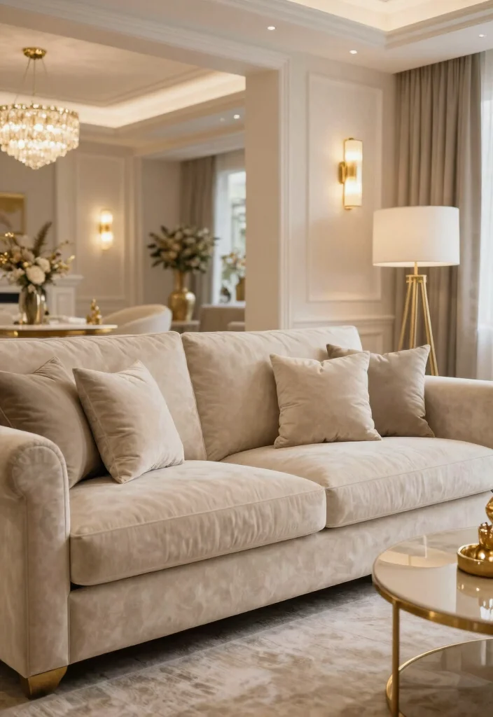 17 Living Room With Beige Couch Ideas: Warm Timeless Looks - 12. Soft Glam with a Touch of Beige 1