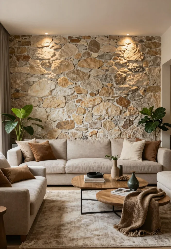 17 One Wall Painted Living Room Ideas Simple Big Impact - 11. Rustic Stone Wall 1