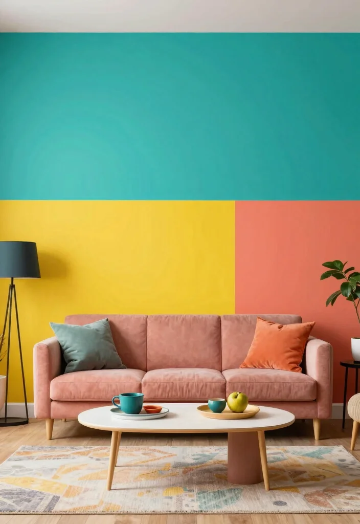 17 One Wall Painted Living Room Ideas Simple Big Impact - 12. Color Blocking Fun 1