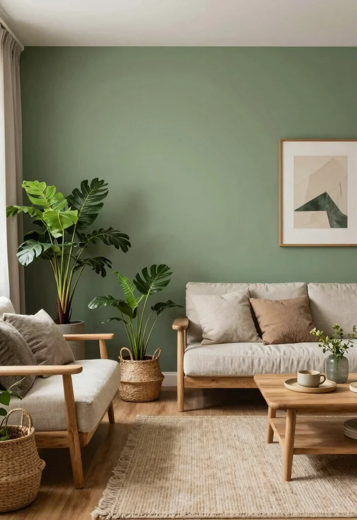 17 One Wall Painted Living Room Ideas Simple Big Impact - 9. Earthy Green Vibes 1