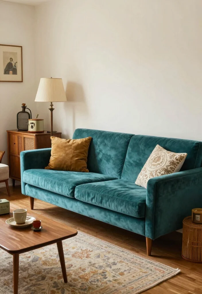 17 Teal Velvet Sofa Living Room Ideas Dramatic and Luxe - 12. Charming Vintage 1