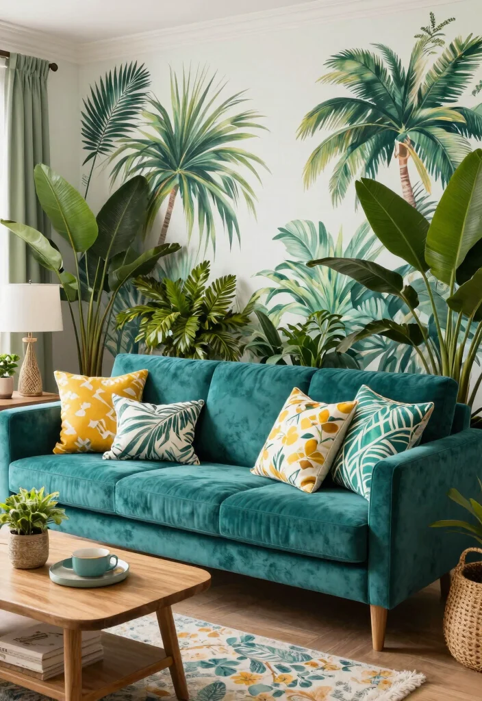 17 Teal Velvet Sofa Living Room Ideas Dramatic and Luxe - 13. Tropical Escape 1