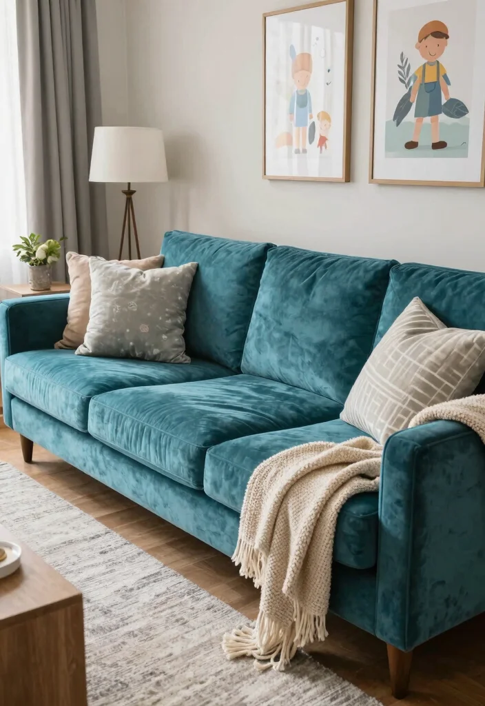 17 Teal Velvet Sofa Living Room Ideas Dramatic and Luxe - 15. Family-Friendly Comfort 1