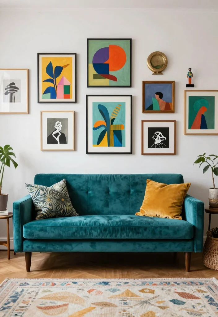 17 Teal Velvet Sofa Living Room Ideas Dramatic and Luxe - 16. Artistic Inspirations 1