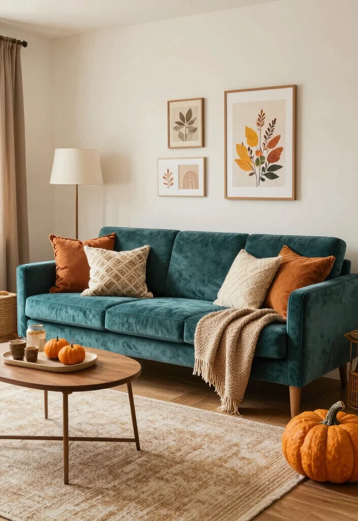 17 Teal Velvet Sofa Living Room Ideas Dramatic and Luxe - 17. Seasonal Decor 1